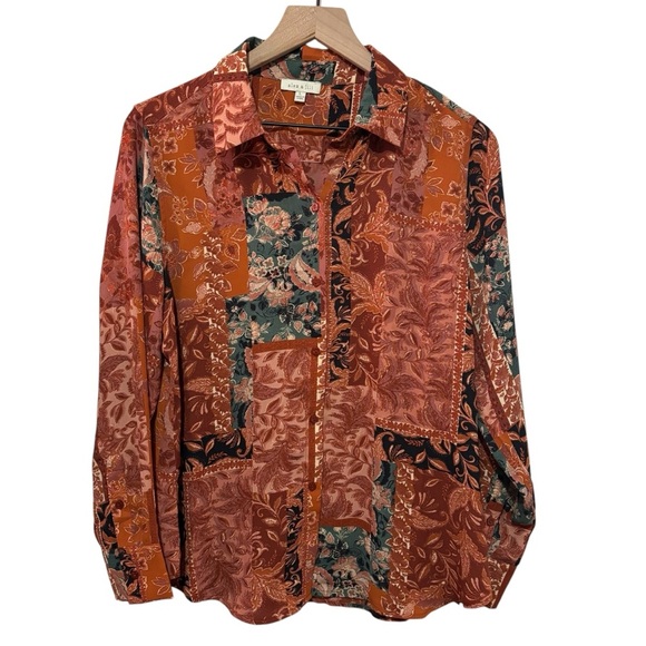 Alex & Lili Floral Patchwork Button Down Blouse Long Sleeve Career Office Large - Picture 1 of 15